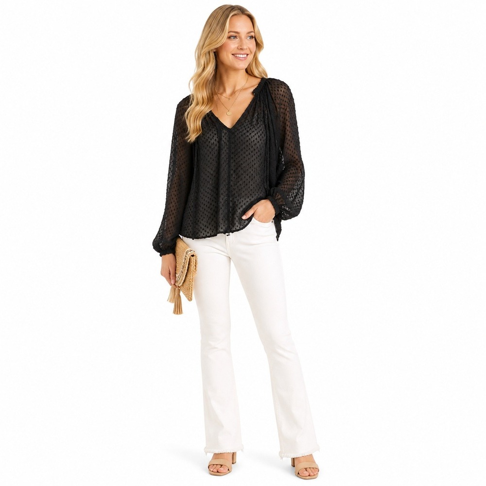 Ella Moss Black Silk Blend Clip Dot V-Neck Blouse XS ET13272 Sheer Boho Top